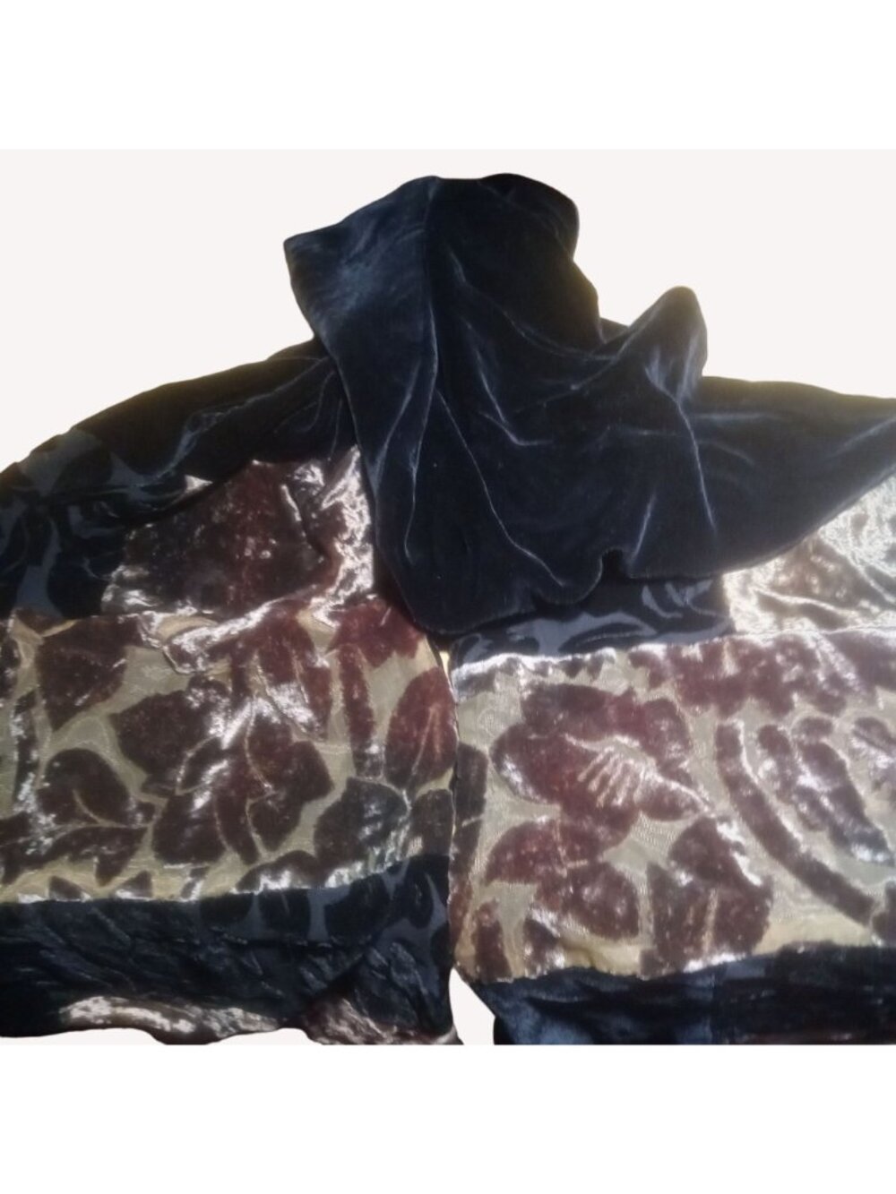 Mina Mann Black Gold Silk Velour Velvet Brown Burnout Scarf Wrap 62x9" - Picture 7 of 15